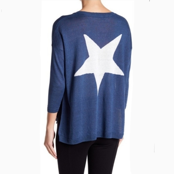 360 Sweater 100% Linen Lightweight Woven Star 3/4 Sleeve Blue White Star M NWT - Picture 8 of 16